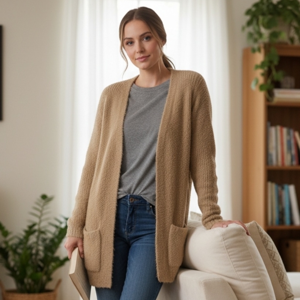 Love Tree Tan Boucle Open Front Long Sleeve Cardigan NWOT Medium